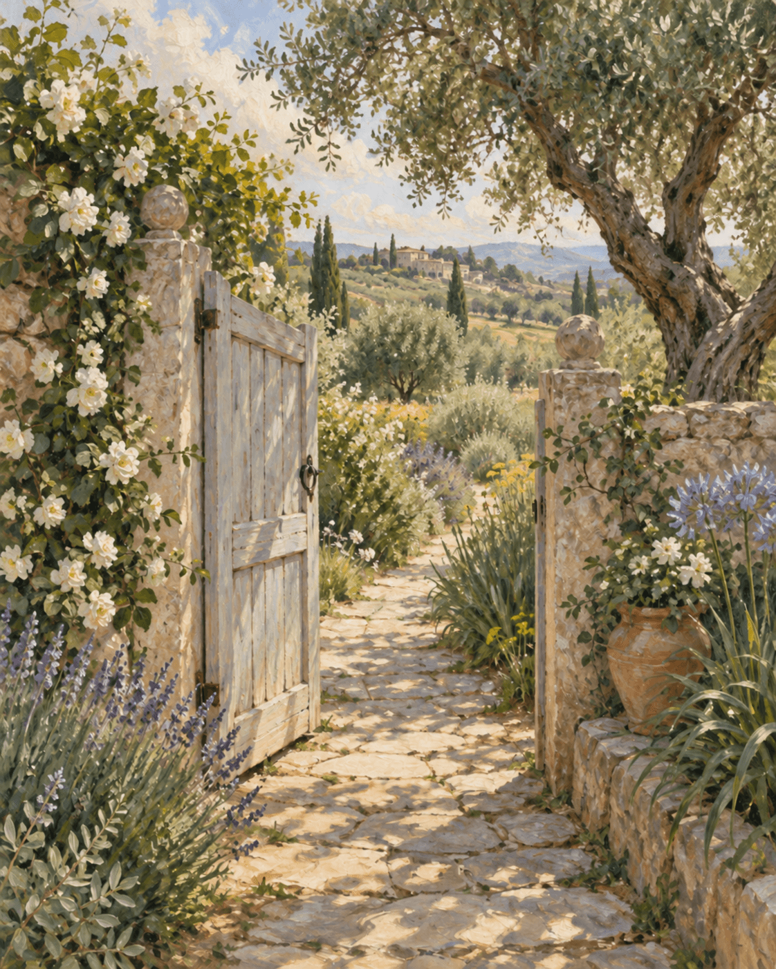 An open wooden gate leading into a sunlit garden, painted in oils.